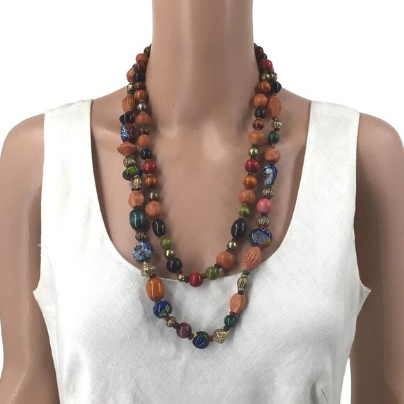 Vintage Double Strand Necklace Beaded Brown Wooden Painted Artisan Beads - Picture 1 of 2